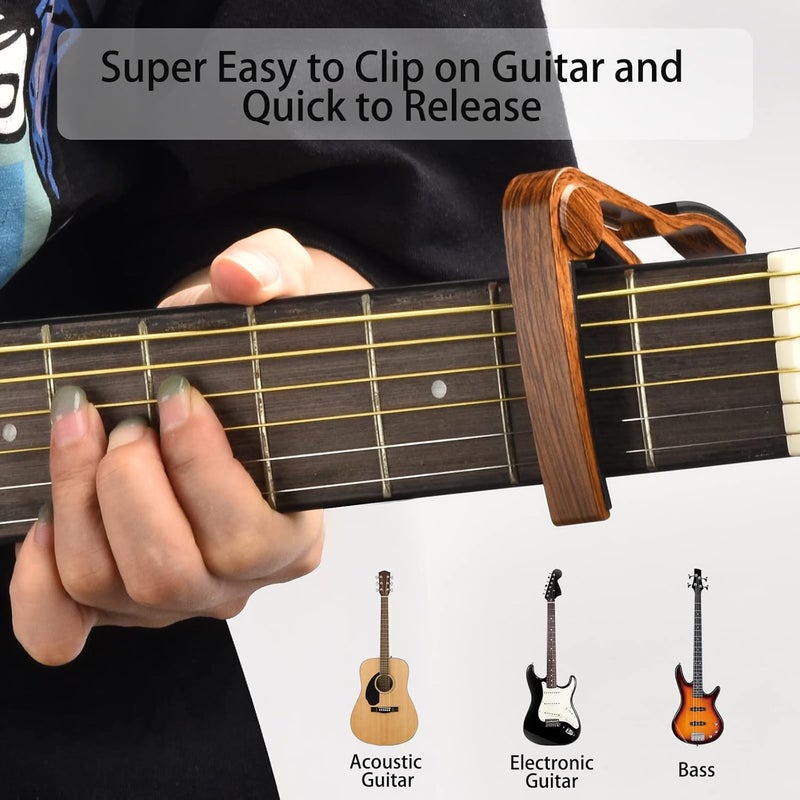 DOMMI Guitar Capo, Guitar Picks, Guitar Accessories with Guitar Tuner, Capo for Acoustic Guitar, Bass, Buzzing-Free, Quick Release, Guitar Tuner Clip on for Guitar, Violin, Bass, Ukulele Chromatic, Rosewood - Image 2